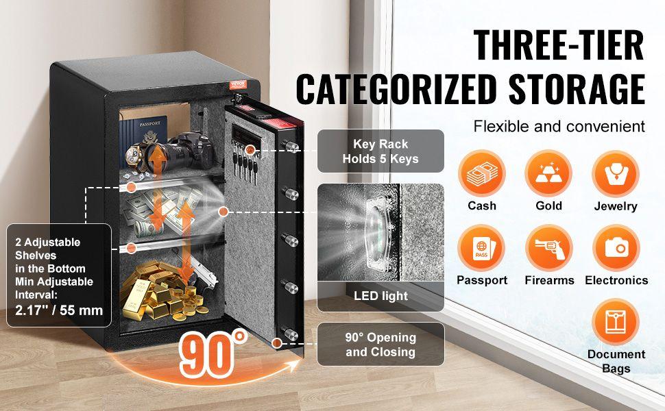 VEVOR Single Door 3.5 cu.ft Safe Box with Key Lock & Password LED Light Black,organize cash, passports, jewelry, gold, watches and documents