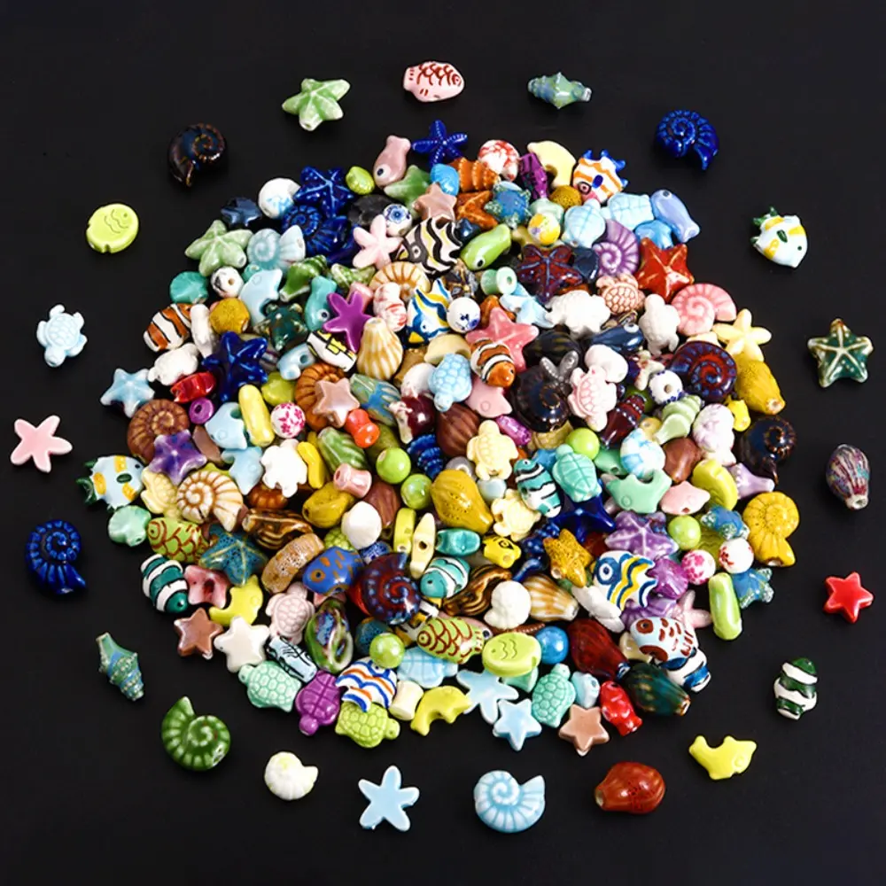 27pcs 2mm Hole Ocean Theme Ceramic Beads Set, Handmade Animal Shapes Clownfish Turtle Star Conch Shell Beads for DIY Jewelry Bracelet Making Materials