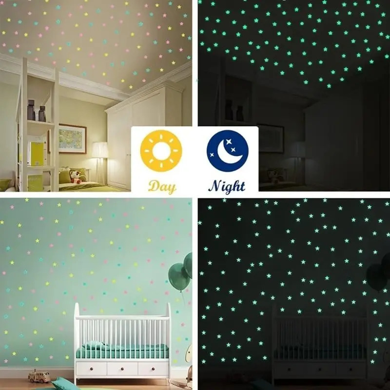100 Mixed Color Glow-In-The-Dark Stars, Wall and Ceiling Stickers, Wall Decals Peel and Stick, Modern Minimalist Home Decor, Perfect Gift, Room Decoration, Party Decor