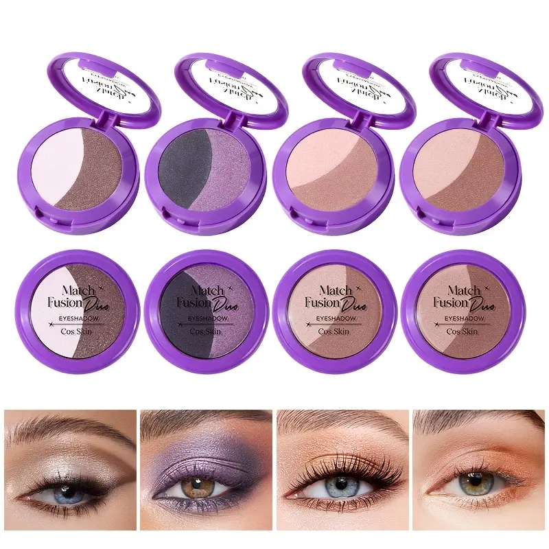 1pc Dual Eyeshadow Palette - Two-tone Eyeshadow Palette Featuring Earth Tones, Smoky Purple, and Contour Shades. Can Be Used as Eyeshadow, Contour, or Highlighter. Buildable Application with a 2-in-1 Color Palette Design. Features Soft Satin Finish