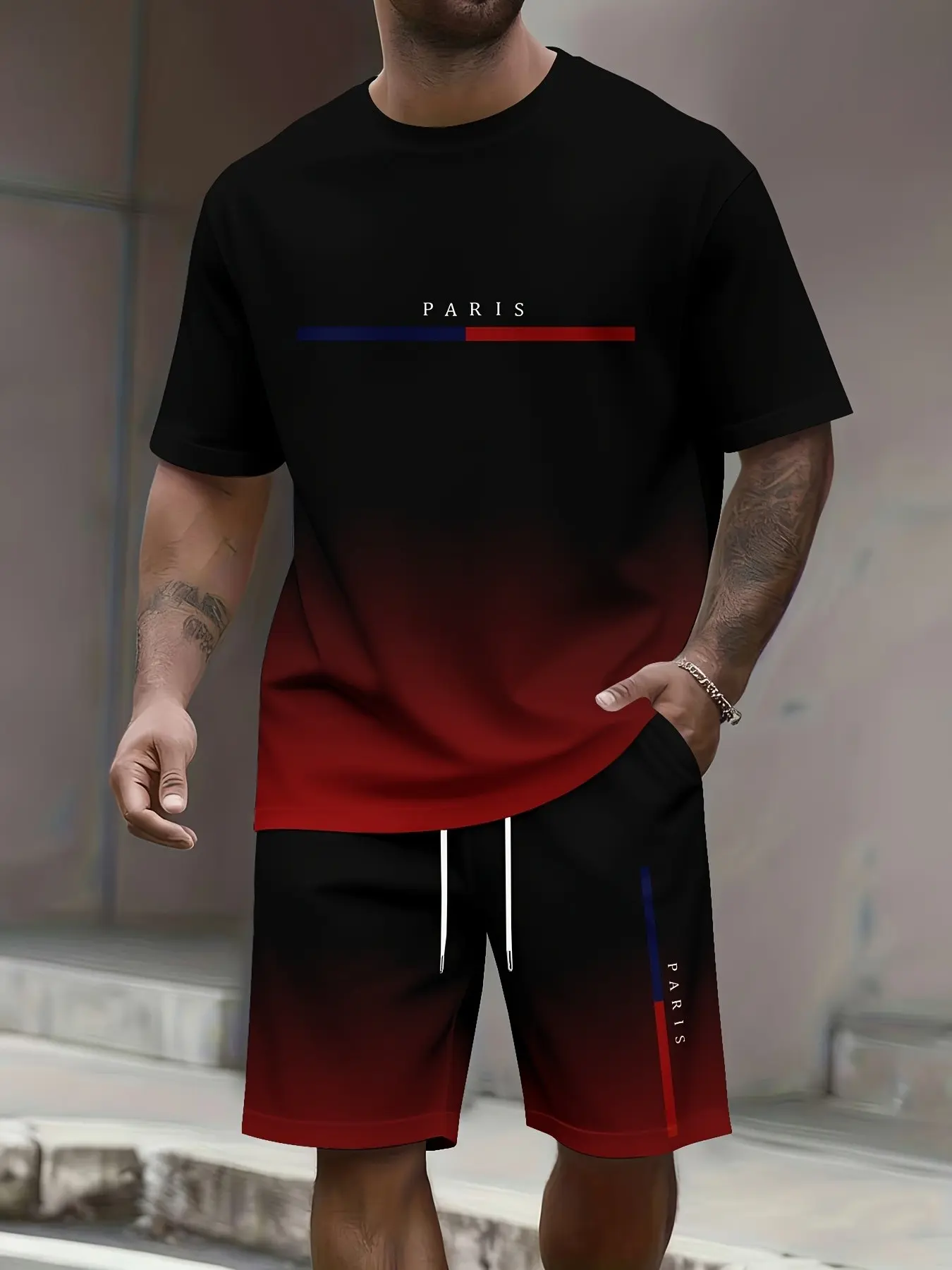 Men's Gradient Ombre Paris Blue Block Set, Casual Short Sleeve Shorts, Breathable Streetwear, Urban Commute, Daily Wear