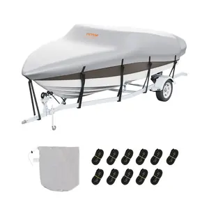 VEVOR Boat Cover, 23' - 24' Trailerable Waterproof Boat Cover, 600D Marine Grade PU Oxford, with Motor Cover and Buckle Straps, for V - Hull, Tri - Hull, Fish Ski Boat, Runabout, Bass Boat, Grey