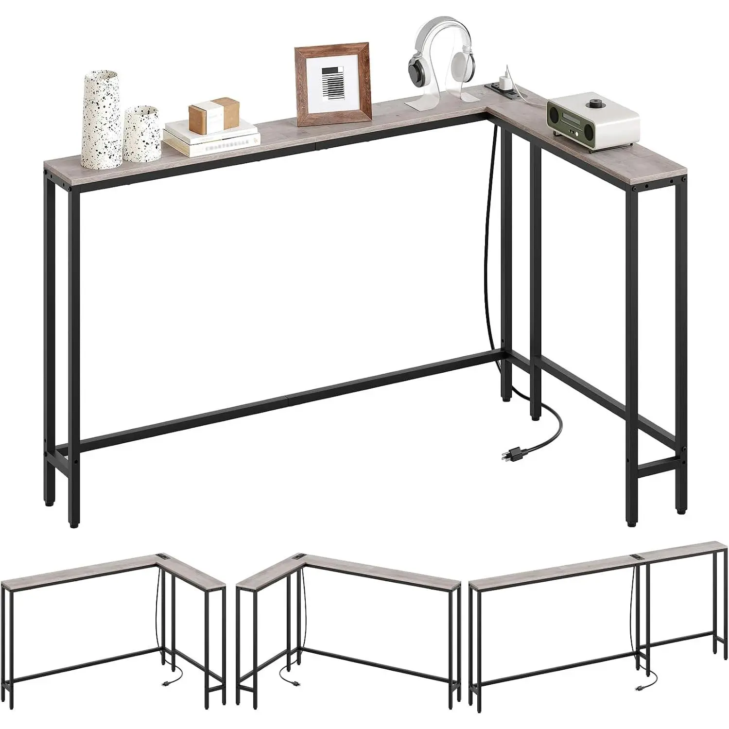 Narrow Console Table with Outlets, 70.9" Sofa Table Narrow Long, L Shaped Behind Couch Entryway Table with  Station, for Living Room, Hallway, 3 Assembly Options, Greige CT07UBG