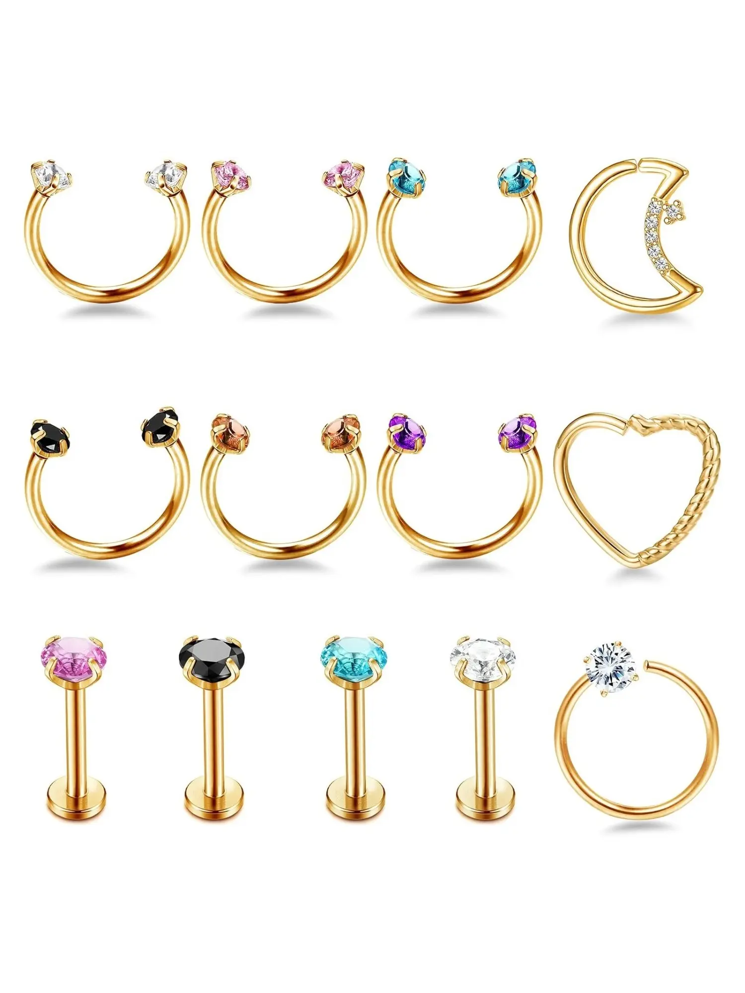 13 Pcs Light Silvery Warm Golden Polished Stainless Steel Colorful Glitter CZ Piercing Bundle Horseshoe Moon Heart Coiled Snap Fastener Ring Smooth Flat Lip Labret Stud Septum Upper Ear Cartilage Piercing Jewelry Mixed Style Starter Piercings