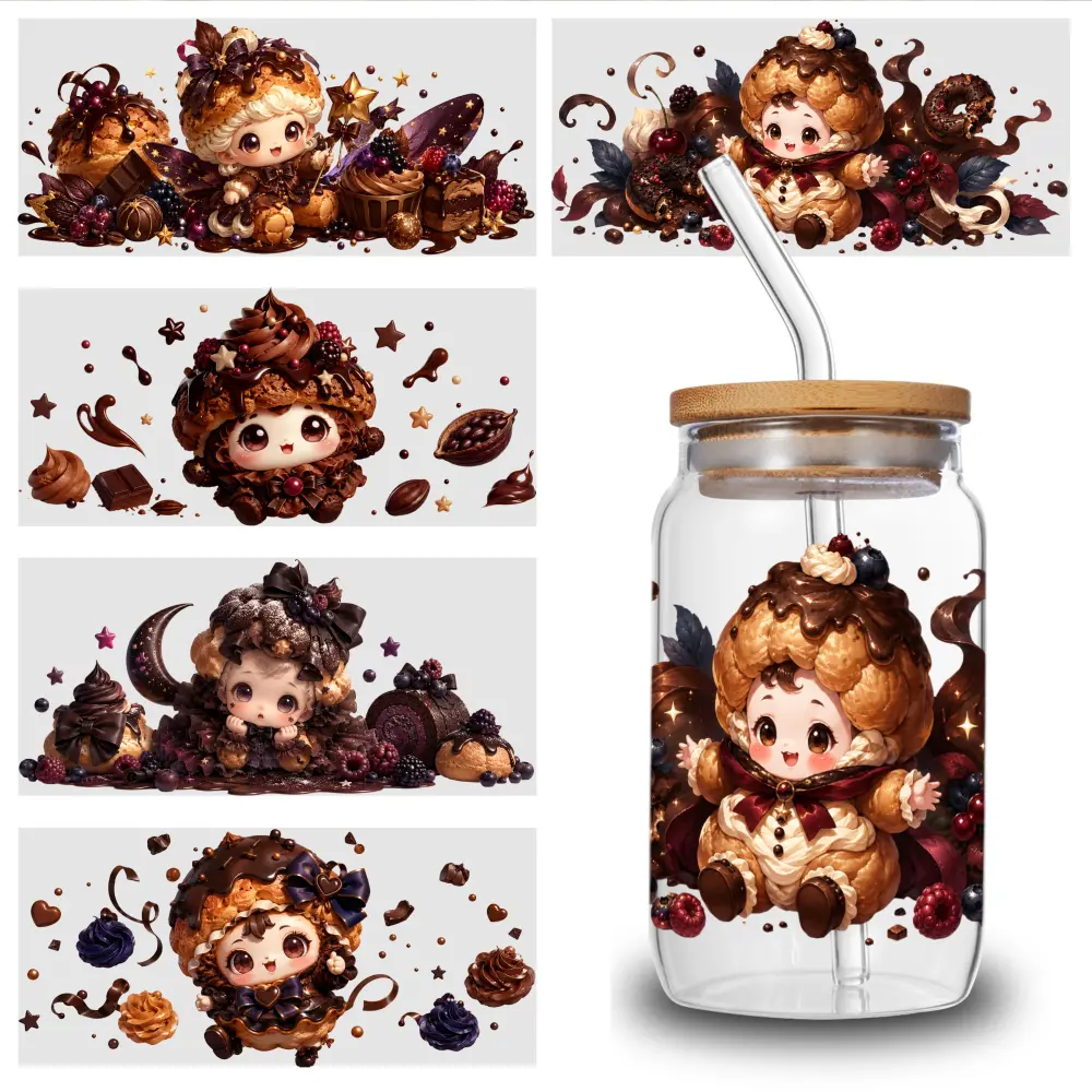 5 Sheets Chocolate Doll UV DTF Stickers Themed UV DTF Transfer Paper - Waterproof & Scratch Resistant, 3D Crystal Clear Decals for Glass Cups, Mugs, Laptops, Refrigerators