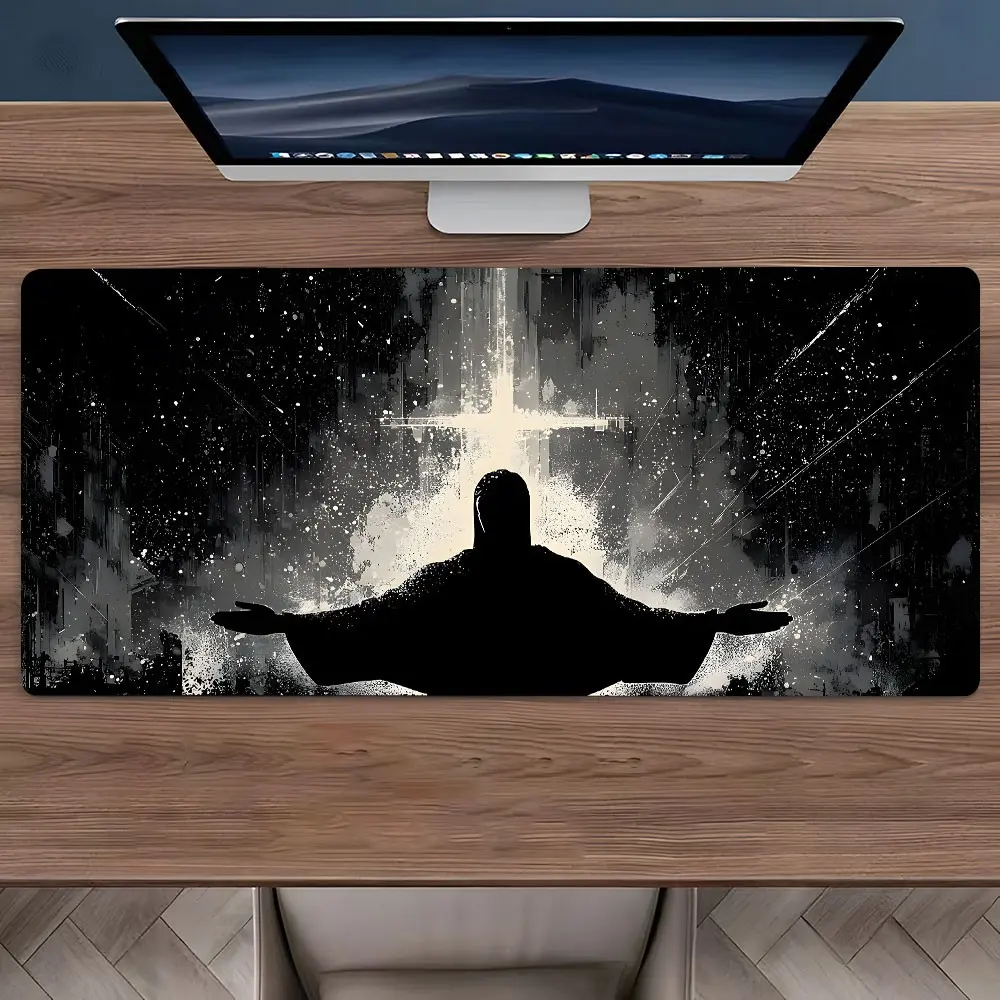 Silhouette Cross Starry Splash Art Large Gaming Mouse Pad, Extended XXL Keyboard Desk Mat, Non-Slip Rubber Base With Precision Stitched Edges, Durable Desktop Cover For E-Sport Gamers And Office Workers, Ideal For Gaming Room, Workspace And Study De