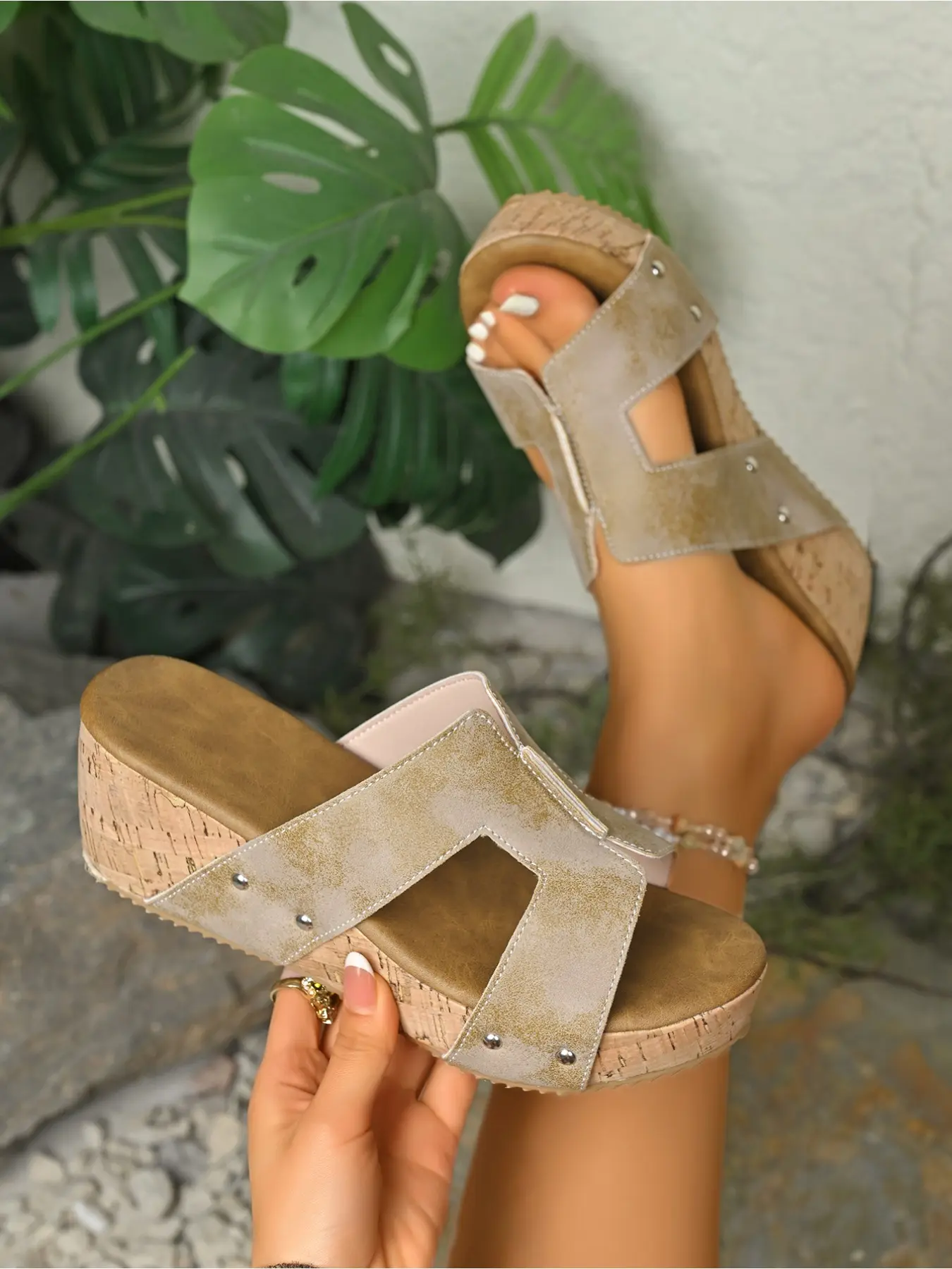 Vintage Distressed Double Strap H Strap Platform Wedge Slide Sandals for Women, Summer Cork Sole Open Toe Casual Outdoor Slides