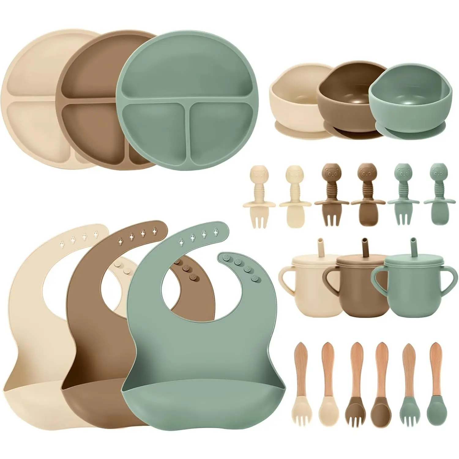24-Piece Silicone Baby Feeding Set, Baby Led Weaning Supplies with Suction Bowls, Divided Plates, Adjustable Bib, Spoons & Forks, and Straw Training Cup (Green+Brown+Beige)(Gift)