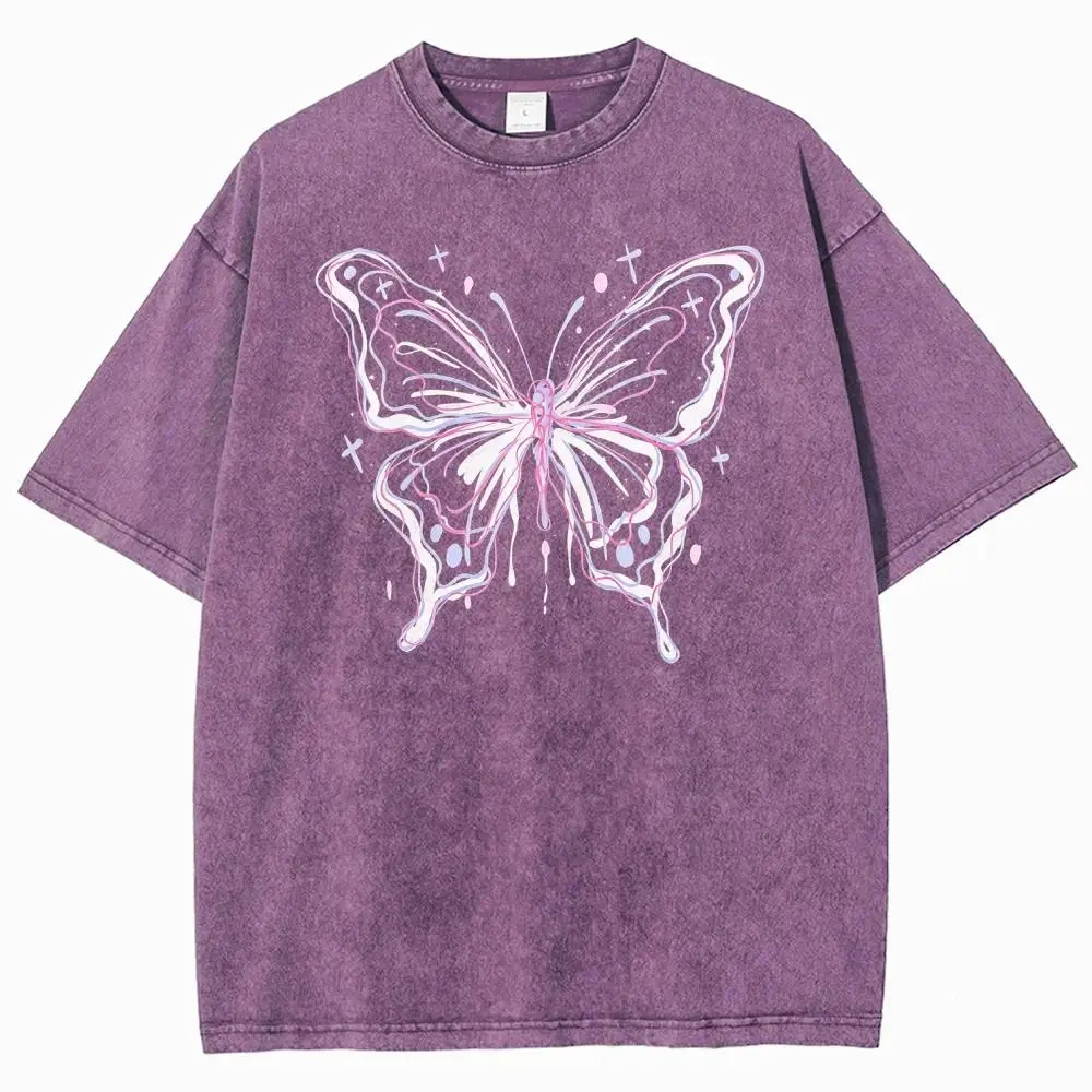 Y2K Aesthetic Butterfly Graphic T-Shirt - Pink & White Drip Line Art Retro Washed Oversized Unisex Casual Tee
