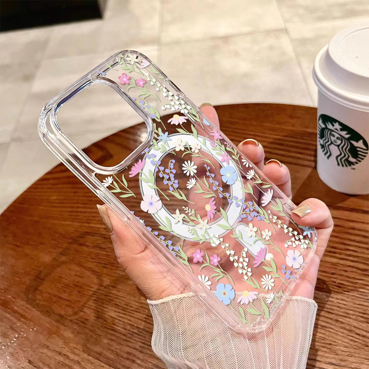 Wild Floral Pattern Magnetic Clear Compatible with MagSafe Shockproof Protective Phone Case Cover for iPhone X 11 12 13 14 15 16 17 Pro Max Plus Air 17e
