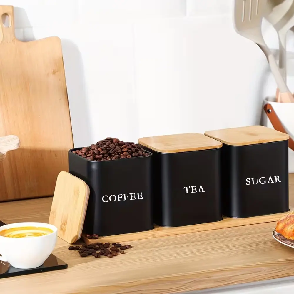 3pcs Metal Storage Jars Set, Dust-Proof Lidded Containers, Stainless Steel Coffee Sugar Tea Organizer, Kitchen Storage Essentials