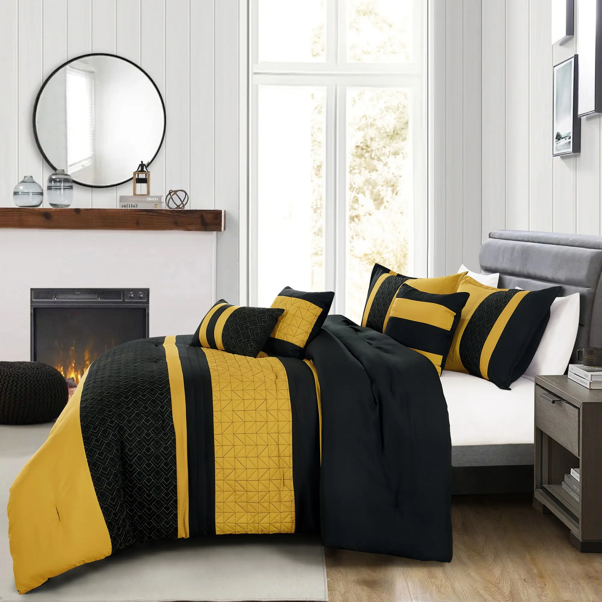 6 Piece termeric and charcoal color Comforter Set, including 1 comforter, 2 pillow cases, and 3 deco cushions