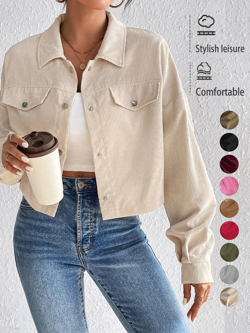 Women's Solid Button Front Drop Shoulder Corduroy Jacket, Casual Long Sleeve Flap Detail Collared Outerwear for Spring & Fall, Ladies Clothes for Daily Wear