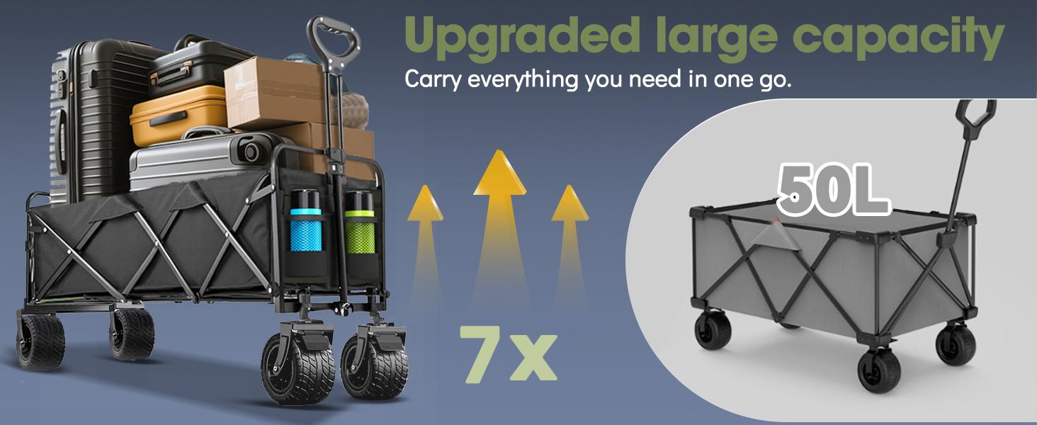 350L Large Capacity Foldable Wagon with Brakes, 560lbs Heavy Duty Collapsible Wagon Cart with Push Handle All-Terrain Big Wheels for Camping, Sports, Shopping, Beach