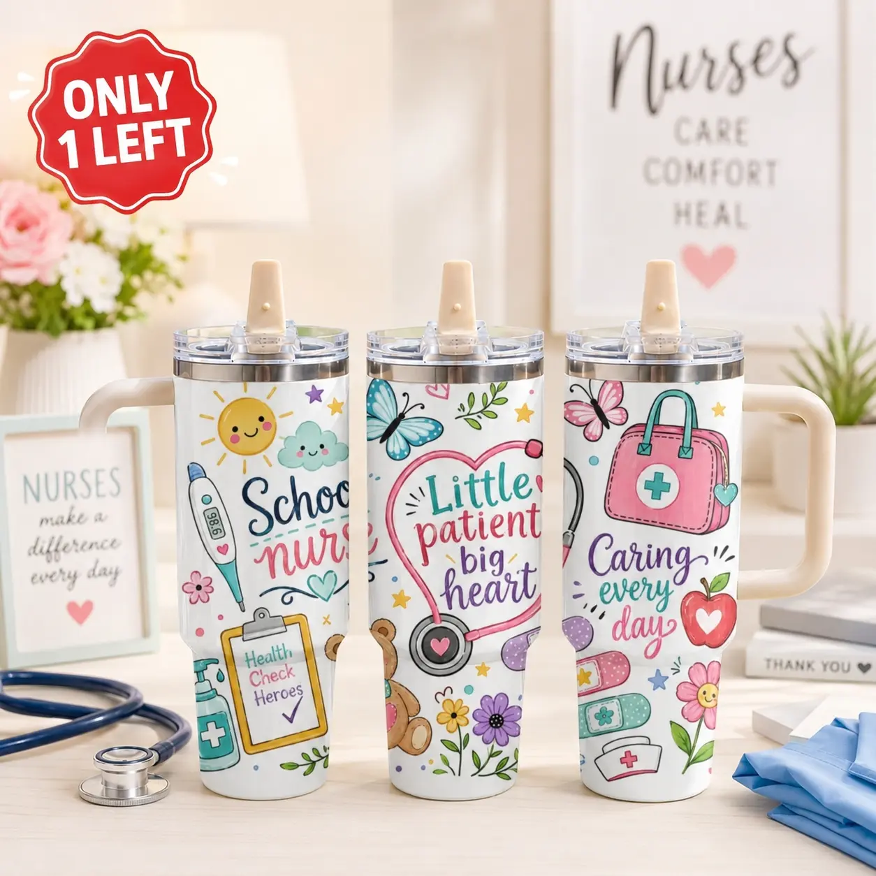 40oz Nurse Appreciation Tumbler with Handle & Straw Lid | Cute Nursing Day Design Stainless Steel Insulated Travel Mug | Leakproof Double Wall Vacuum Water Bottle for Nurses, Healthcare Workers, Hospital, Office, Car & Daily Use