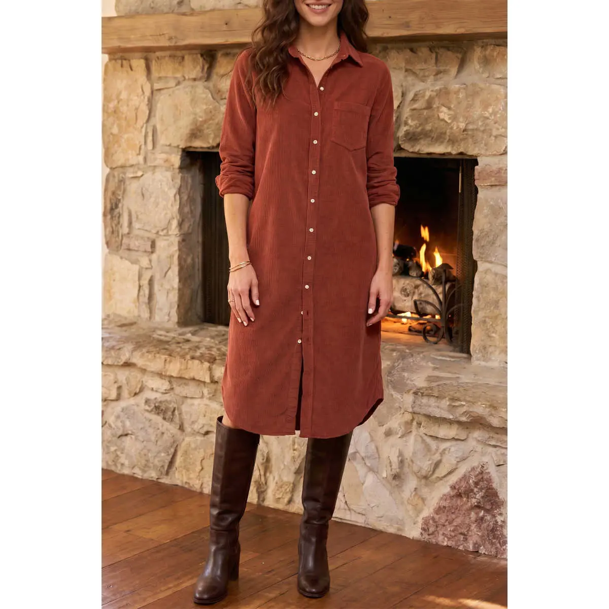 Clay Long Sleeve Button Down Corduroy Midi Length One Piece Dress