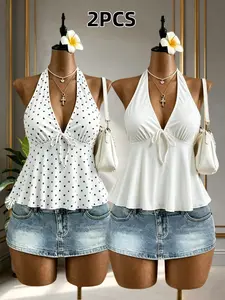 Pure Color Polka Dot Fashion Halter Neck Deep V Waist Cute Vacation Style A-Line Hem Sleeveless Shoulder Back Exposure Sexy Women's Top Set of Two