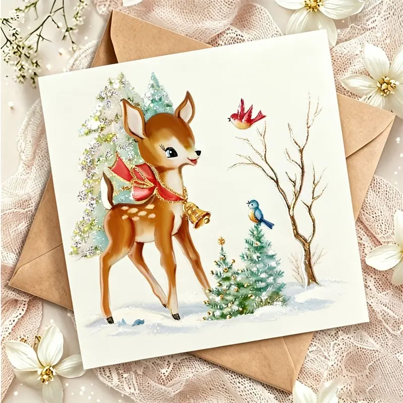 2card+2envelope Vintage Style Deer Christmas Card Glitter Holiday Greeting, Blank Card