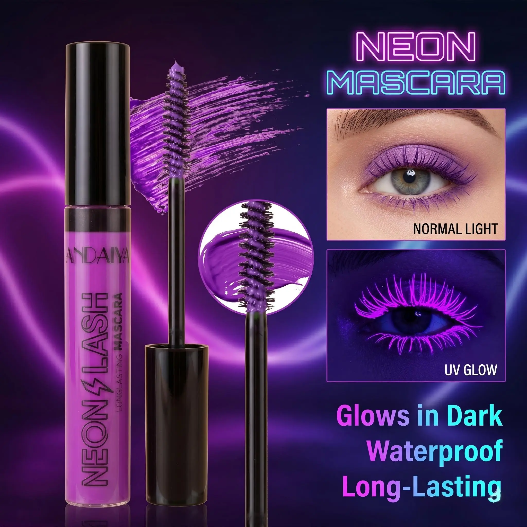 low in the Dark Neon Mascara | UV Blacklight Fluorescent Colored Volumizing Mascara Waterproof Volume Lengthening Long Lasting | Perfect for Rave, Music Festival, Cosplay, Clubbing Makeup