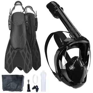 Adult Snorkeling Gear Set, Diving Gear, Full Face Dry Mask + Adjustable Flippers, 180° Wide Vision, Leak-Proof, Compatible with Action Cameras, Ocean Use