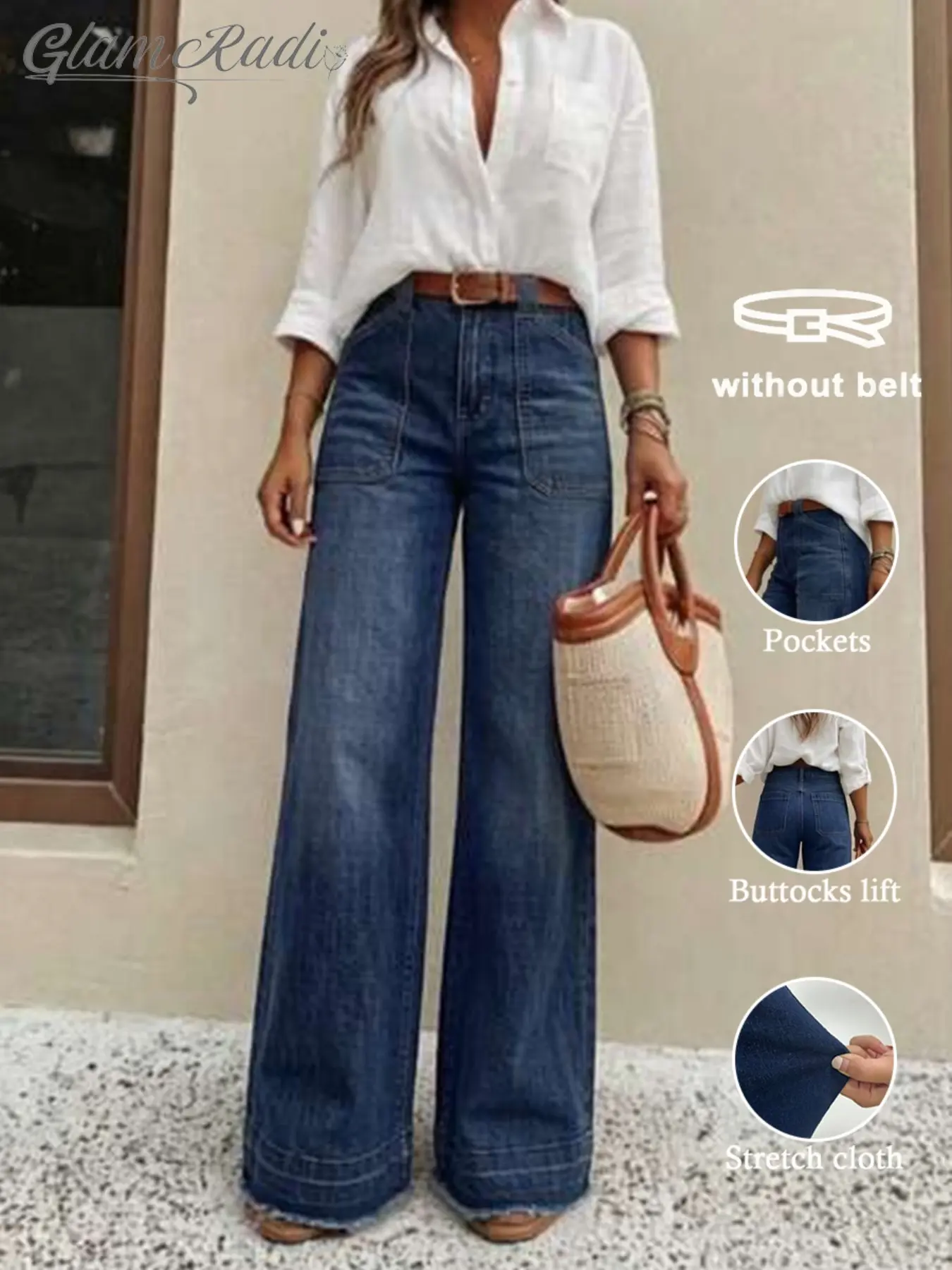 Women's High-Waisted Wide-Leg Jeans, Deep Blue Denim High Rise, Loose Fit, Long Straight Leg, Vintage Style, All-Season Fashion Pants