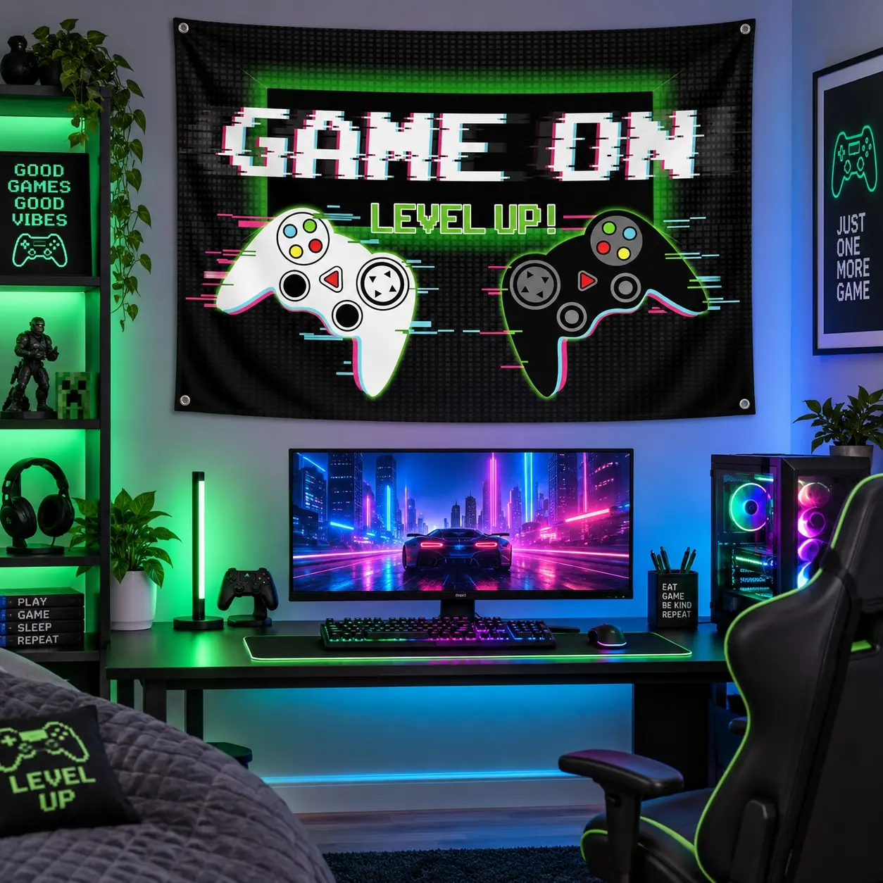 2D Flat Game On Birthday Banner | Colorful Video Game Controller & Gaming Party Theme Backdrop | Single-Sided Polyester | Metal Grommets for Easy Hanging | Gamer Birthday, Game Room, Photo Booth & Party Decor