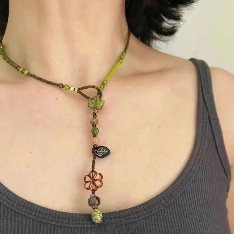 Women's Boho Ethnic Stone Beaded Flower Motif Pendant Necklace, Adjustable Cord Chain Bag Charm, Layered Look Travel Ready Jewelry for Beach Vacation, Everyday Wear
