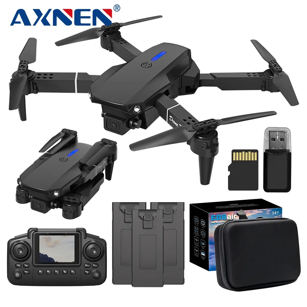 AXNEN E88 Air Foldable RC Quadcopter with Dual Cameras, Entry-Level Wi-Fi FPV Drone with Altitude Hold, Headless Mode, Optical Flow Hover, Screen Remote and 3 Batteries