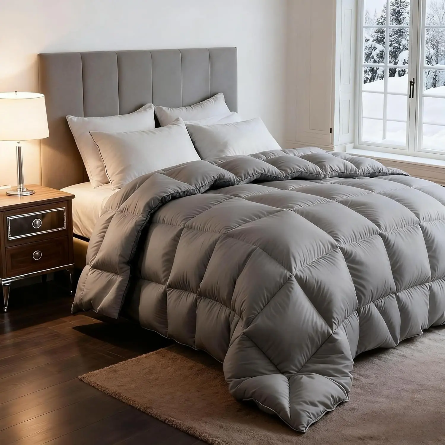 Down Feather Fiber Comforter Oversize King Size, Premium Ultra-Soft Breathable High Fill Power Grey Duvet Insert, All Season Hotel Luxury Bedding with 8 Tabs, Baffle Box Design