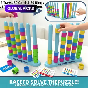 Color Stack Challenge Game, Family Fun Game, Fast-Paced STEM Color Sorting and Stacking Puzzle for Kids Ages 3–8, with 2 Trays, 50 Double-Sided Challenge Cards and 80 Rings #GLOBAL PICKS