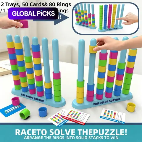 Color Stack Challenge Game, Family Fun Game, Fast-Paced STEM Color Sorting and Stacking Puzzle for Kids Ages 3–8, with 2 Trays, 50 Double-Sided Challenge Cards and 80 Rings #GLOBAL PICKS