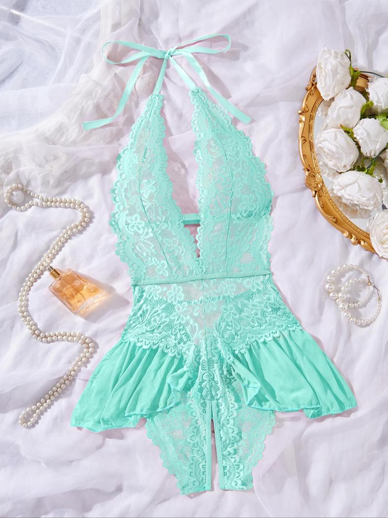 Romantic Valentine's Day Gift, Women's Sexy Lace Underwear, Deep V Neck, Smooth Fabric, Semi-Transparent, All Seasons Sleeveless, Lingerie Nightwear