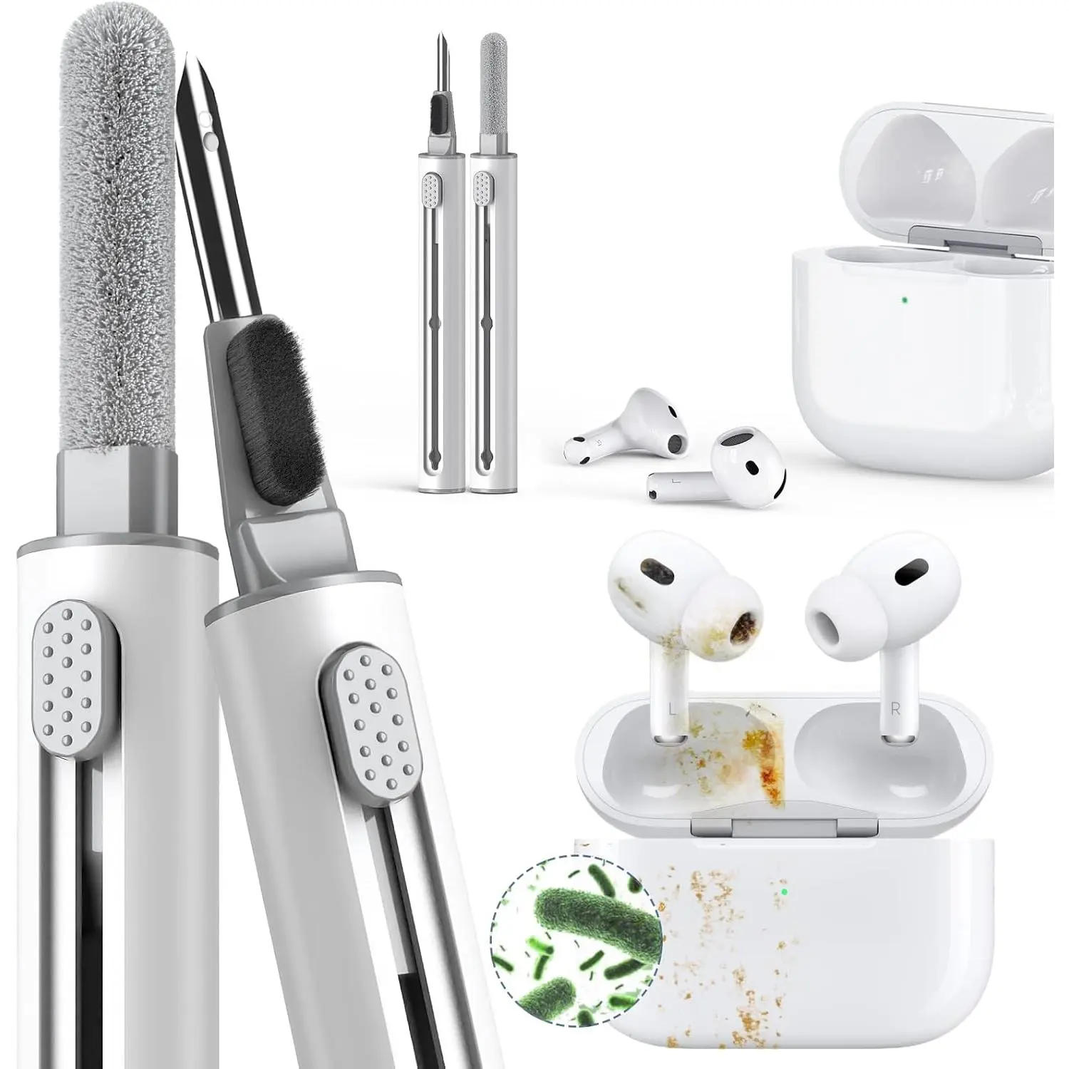 Multi Cleaning Kit for AirPods &   Earbuds (White) | 3-in-1 design with brush,sponge & metal tip; Airpod cleaning; Phone Cleaner; Earbud Cleaning;  Device Cleaning Tool