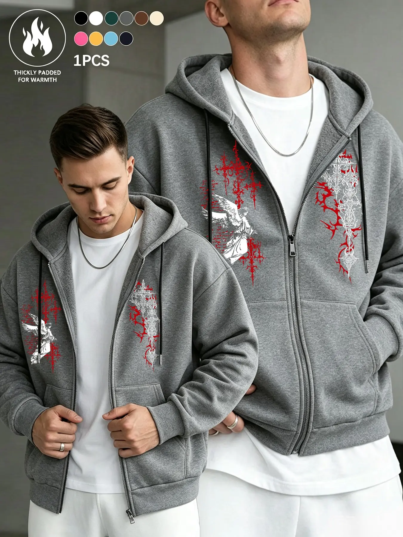 Men's Thickened Fleece Zip-Up Hoodie, Gothic Angel Thorns Cross Print, Warm Street Style, Fall Winter with Pockets