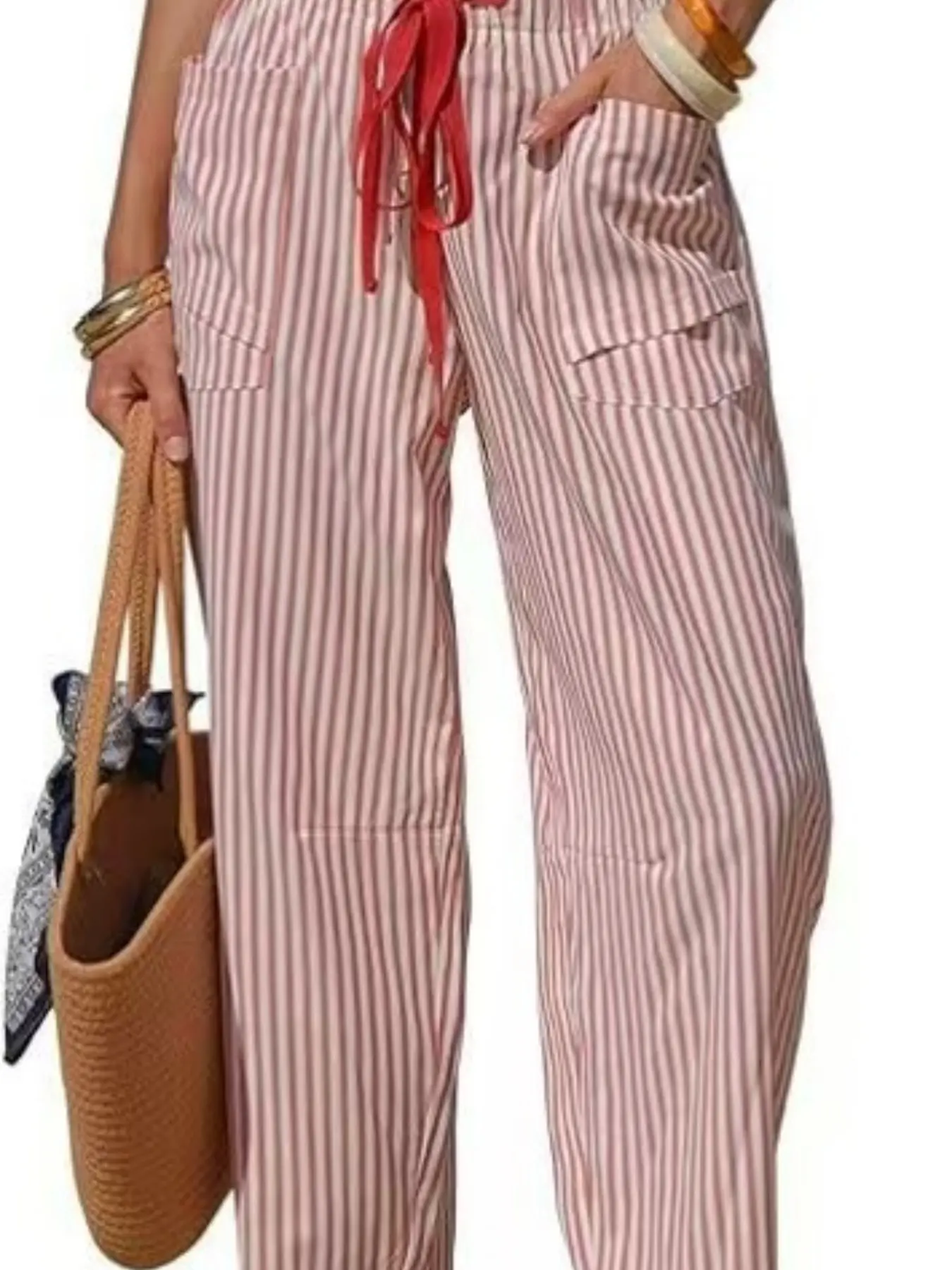 Women's Loose Striped Drawstring Casual Trousers, Elastic Waist Pants with Pockets, Available in Black, Blue, Red, Green, Pink, Purple, Sky Blue, Lemon Yellow & Khaki, 1 Piece