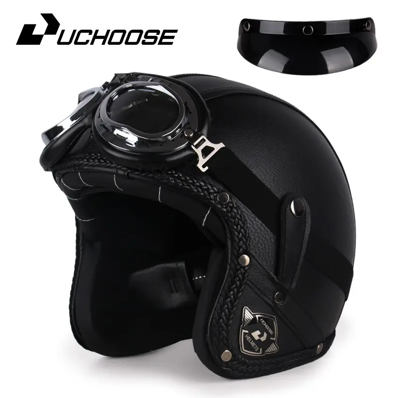 Cruiser Vintage Motorcycle Helmet, Three-Quarter Half Helmet with Goggles, Breathable Leather Retro Design for Riding Enthusiasts