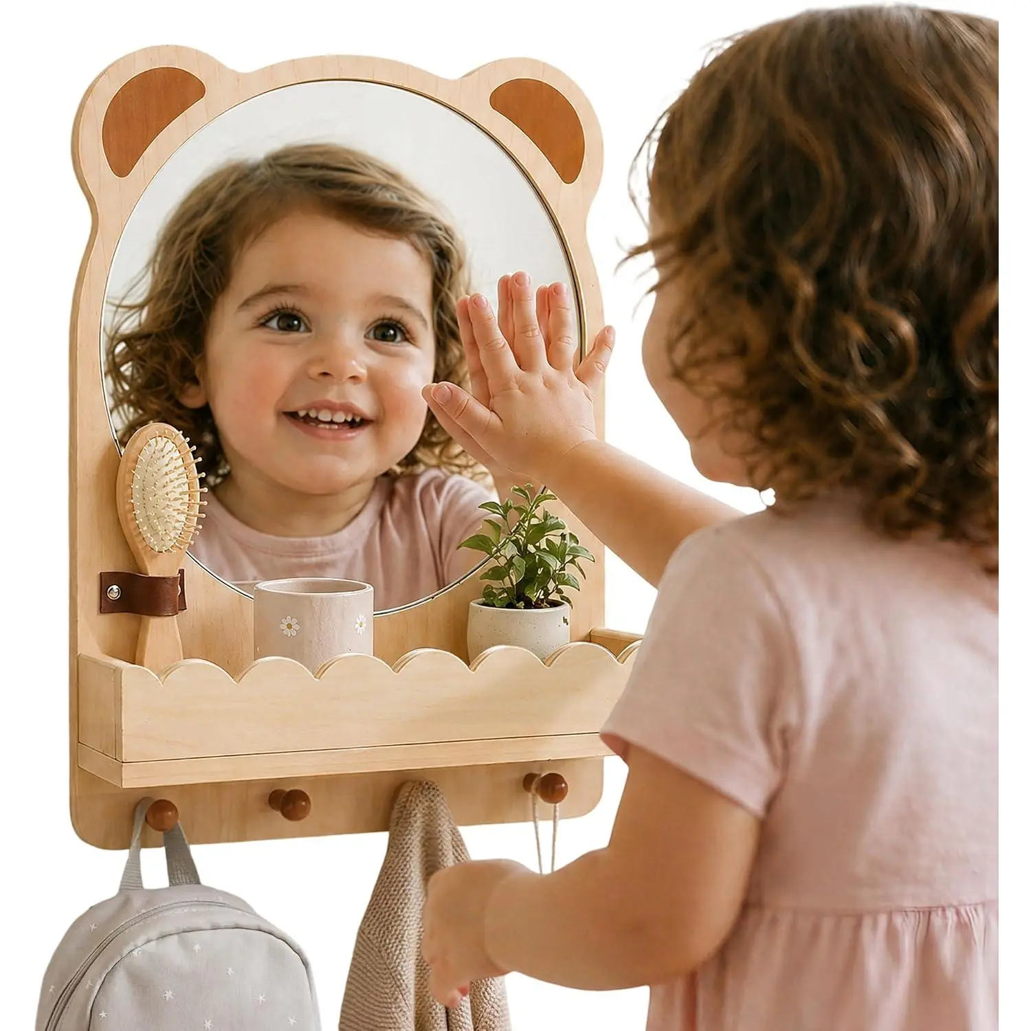 Montessori Mirror with Hooks and Shelf,  Self-Care Station with Sensory Mirror,  Wooden/  Safe Wall Mirror for  Playroom, Bathroom, Bedroom, Living Room, Entryway