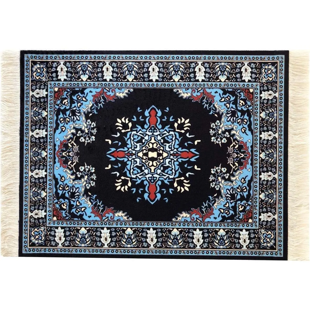 Boho Rug Mousepad – Small Carpet Desk Mat with Fringed , Non-Slip Base,  Oriental Design for  Office & Creative Spaces, Navy | Inusitus