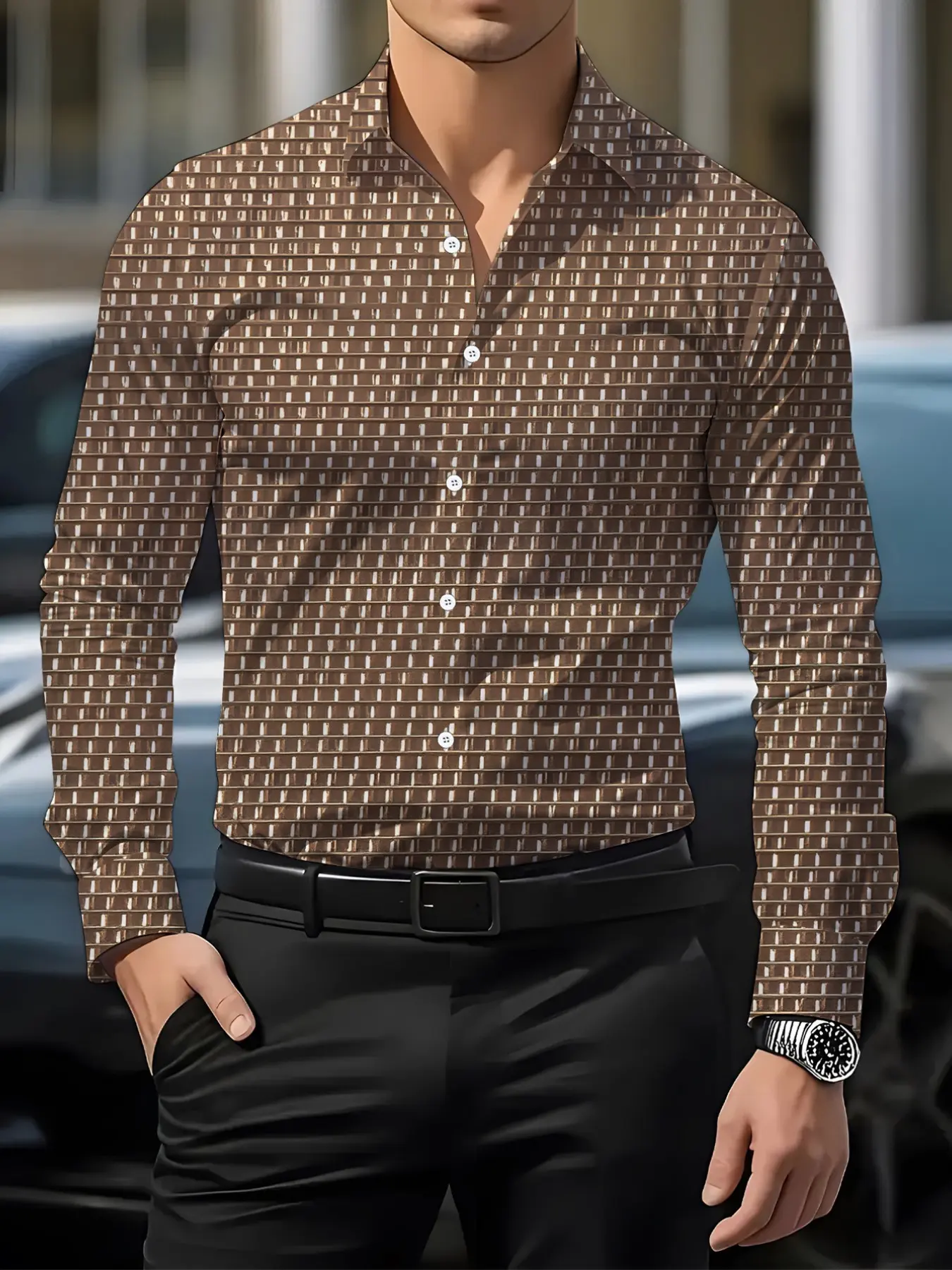 Men's Plaid Long Sleeve Collared Shirt, Business Casual Fitted Top, Geometric Pattern, Spring & Fall Wear, Versatile Commute Clothing