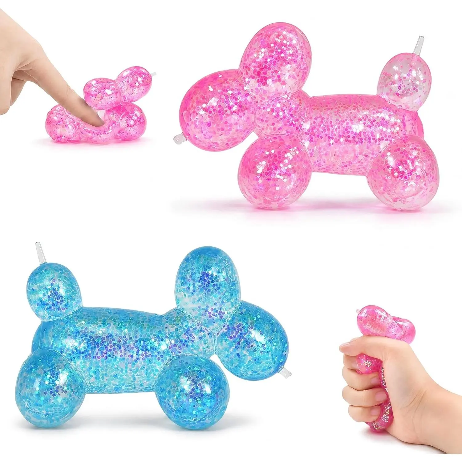 2Pcs Balloon Dog Squishy, Sensory Fidget Toys for Stress Relief Glitter Animal Squishy for Kids and Adults, Soft Slow Rising Squeeze Toy, Classroom Prizes Party Favors Gifts(Blue+Pink)