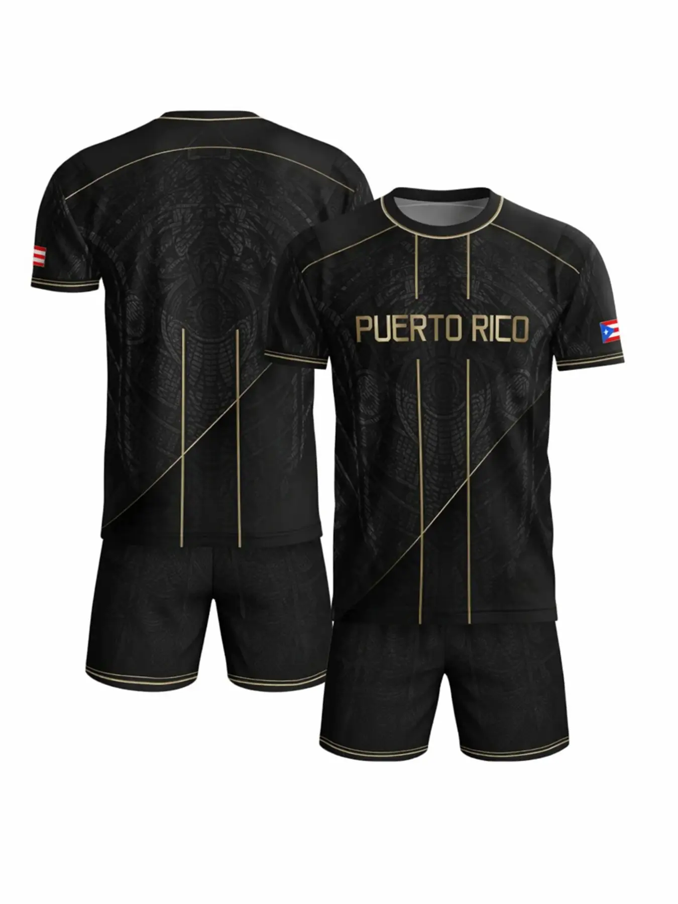 Two-piece set of Puerto Rico jerseys and Jersey Shorts with geometric design featuring gold lines on a black background with subtle patterns