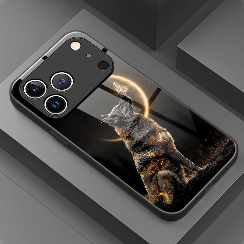 Phone Case: Artistic Fashion Moon Black Wolf Pattern Glass Phone Case, Suitable for iphone17 17Air 16 Pro 15 Promax 14 Plus 13 12 11, Full Coverage, High-Definition Tempered Glass, Stylish Protective Cover, Device Protective