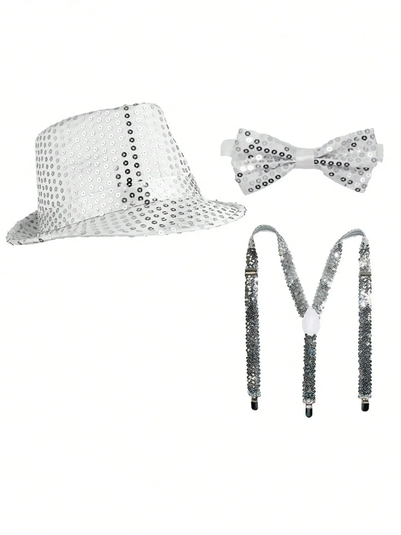 Disco Party Costume Set Outfit, Glitter Hat Bow Tie Straps Three Piece Kit, Stage Performance Accessories, Dance Event