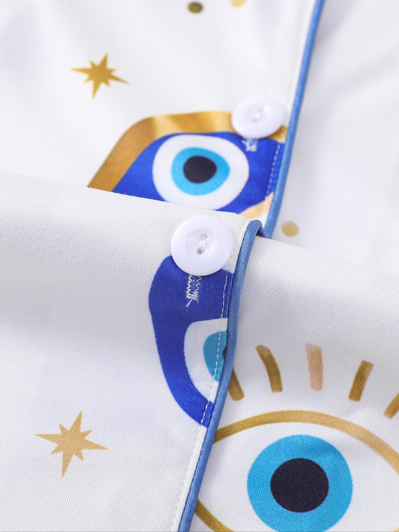 Women's All Over Cartoon Eye Print Short Sleeve Pajama Two-piece Set, Casual Comfy Button Front Chest Pocket Design Lapel Neck Top & Elastic Waist Shorts PJ Set, Ladies Sleepwear for All Seasons, Pajamas, Starlight Pajama Set