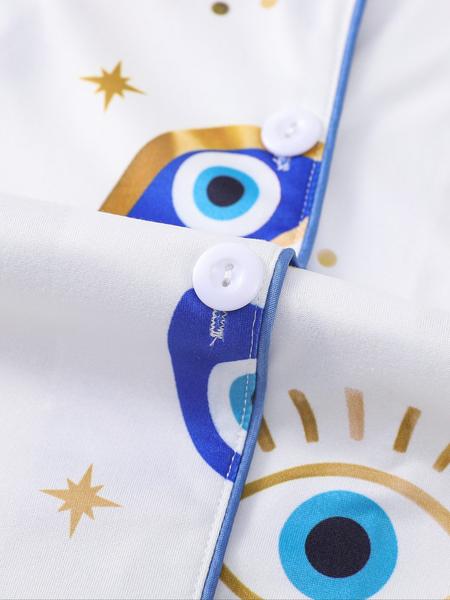 Women's All Over Cartoon Eye Print Short Sleeve Pajama Two-piece Set, Casual Comfy Button Front Chest Pocket Design Lapel Neck Top & Elastic Waist Shorts PJ Set, Ladies Sleepwear for All Seasons, Pajamas, Starlight Pajama Set