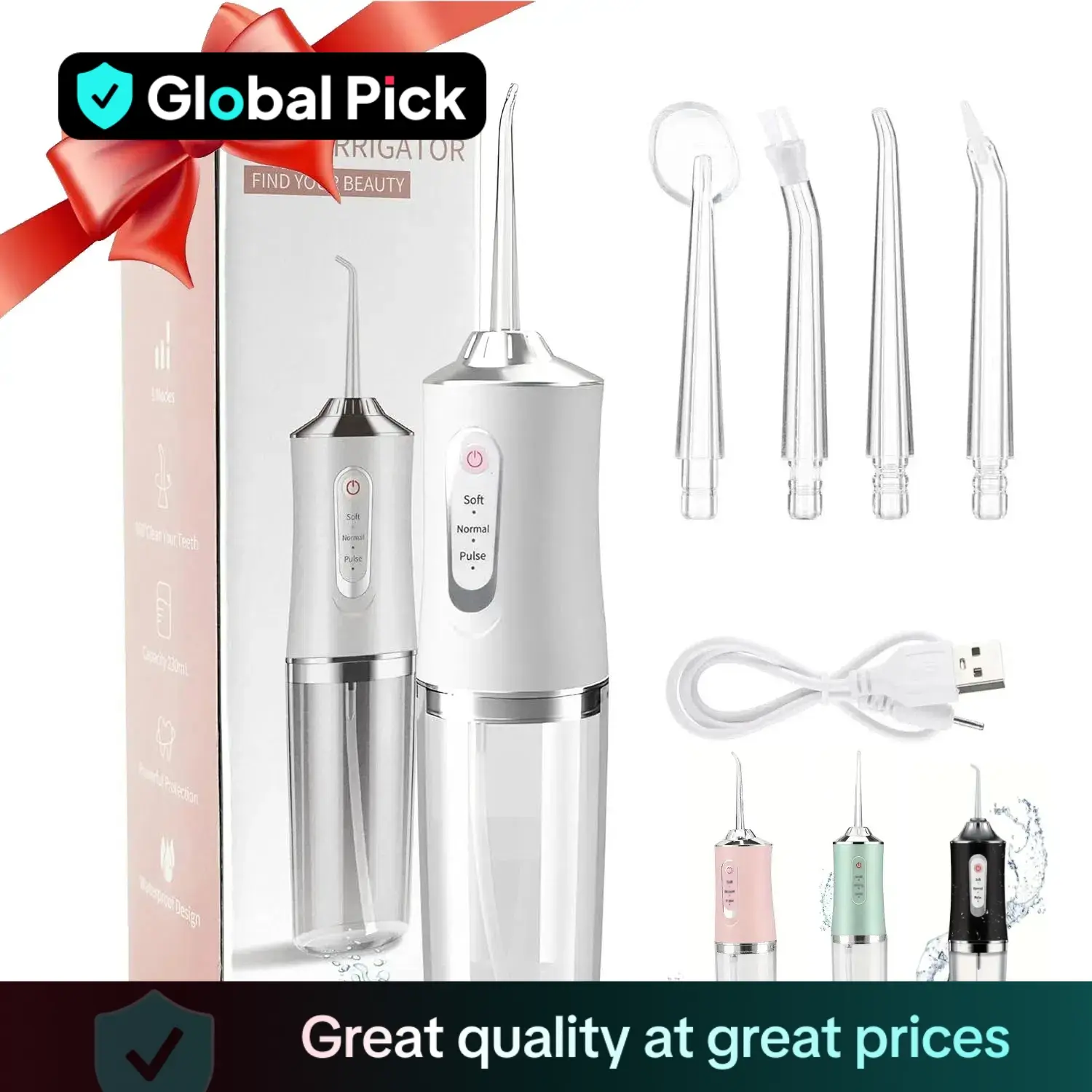 Rechargeable Water Flosser, Portable Oral Irrigator with 4 Jet Tips, Waterproof Teeth Cleaner, 3 Modes Teeth Cleaning Tool for Home & Travel, Water De