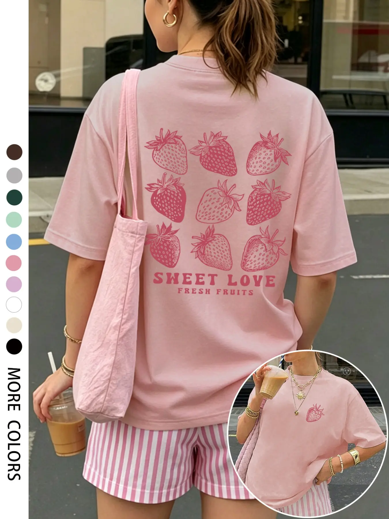 Women's Casual Oversized Loose Fit Round Neck Short T-Shirt, Fruit Strawberry Print, Breathable Soft Fabric, Spring Summer Comfort Top, Beach Vacation Wear, Streetwear