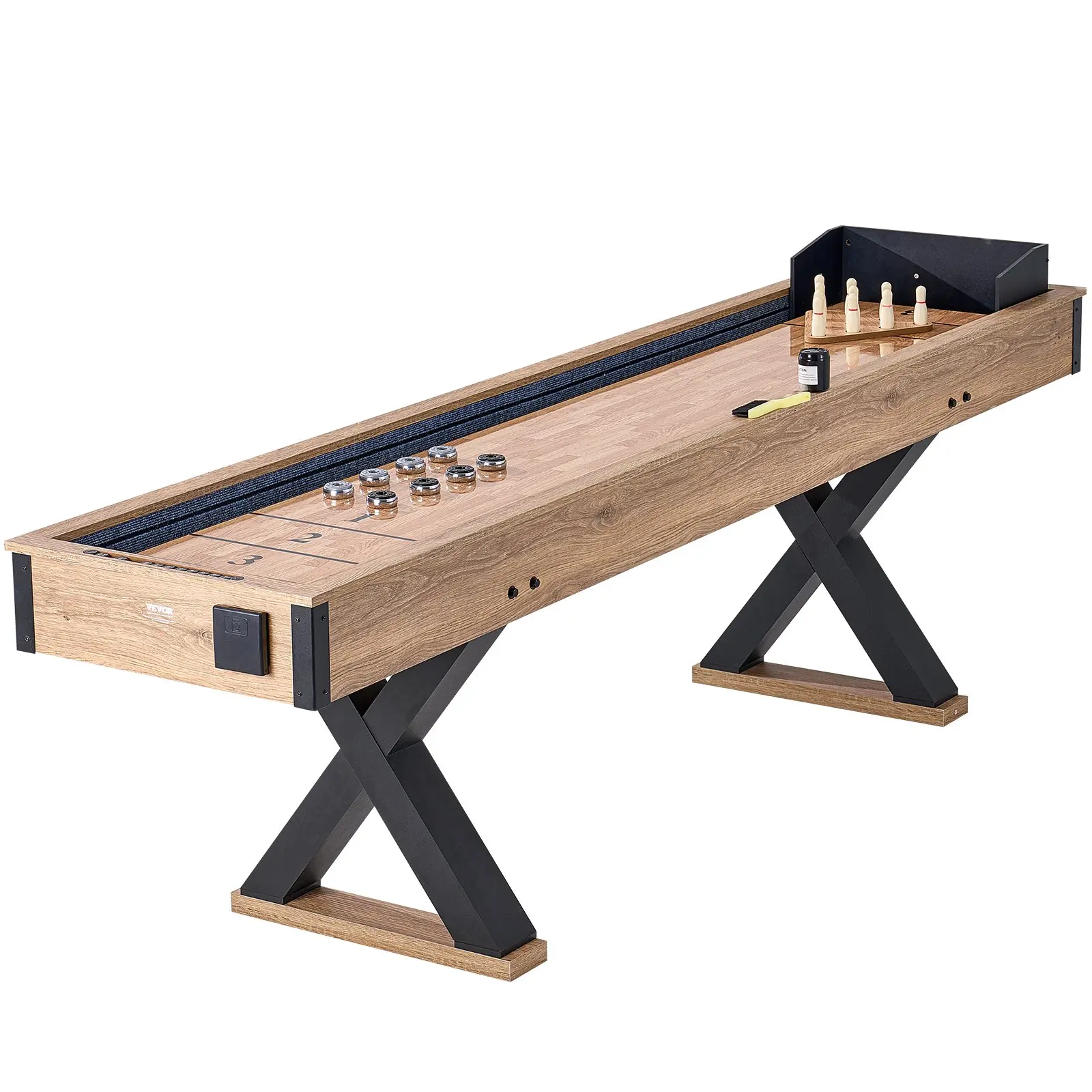 【DealsForYouDays】VEVOR Shuffleboard Table, 9 ft Shuffleboard for Family Game Rooms, 2 in 1 Shuffleboard and Bowling Combo Game Set, with Scratch-Resistant Playfield, Legs, 8 Pucks, Bowling Set, Wax, and Table Brush