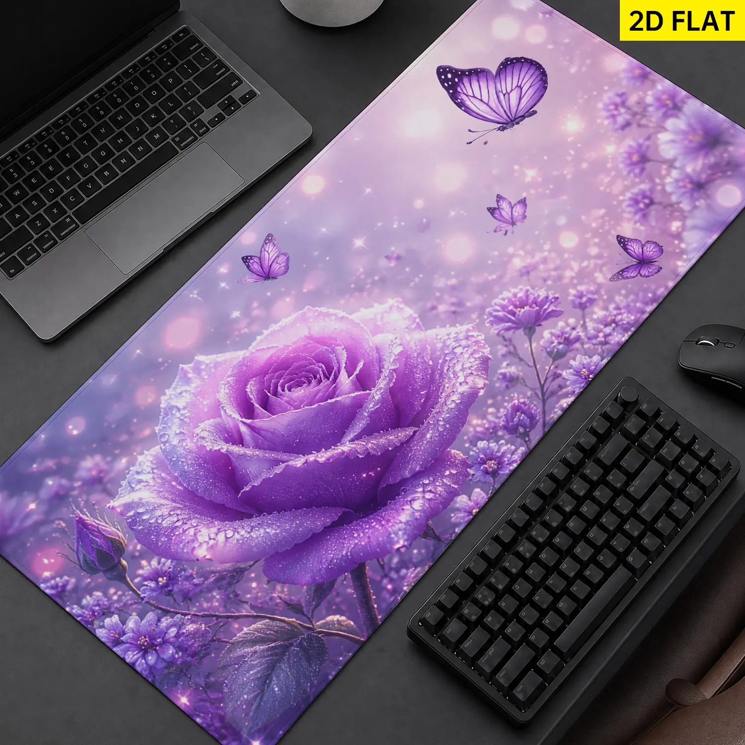 Extra Large Purple Rose Butterfly Floral Mouse Pad, Non Slip Rubber Pad, Desktop Decoration Drotection Pad, Washable, Lock Edge Multi Size, Premium Multipurpose Mousepad For Home, Office, Gift for Family and Friends