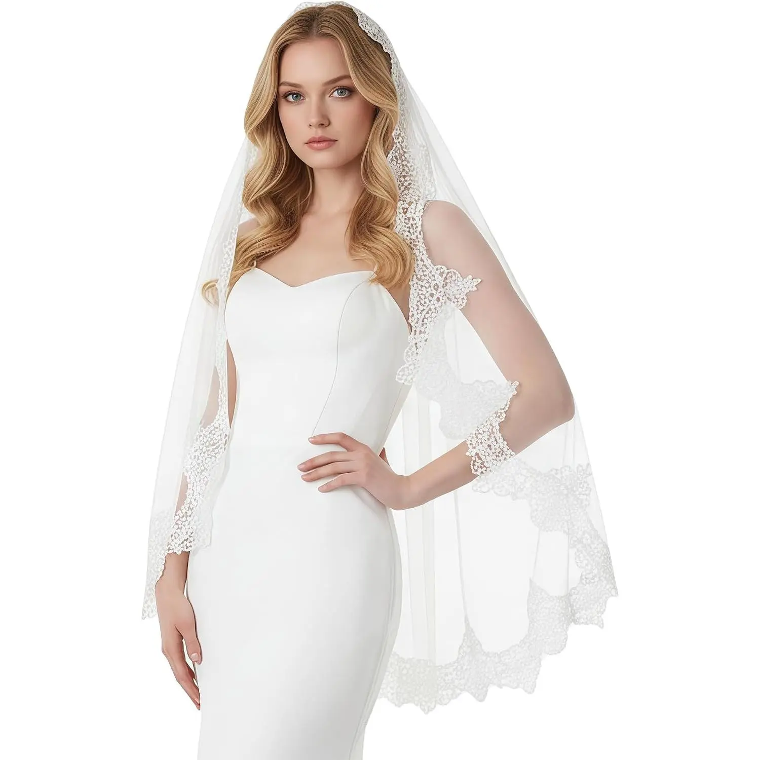 1 Tier Fingertip Length Lace Applique Bridal Wedding Lace Veil for Women